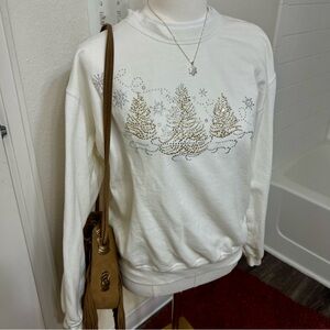White gold silver sparkly Christmas winter crewneck sweatshirt bedazzled trees